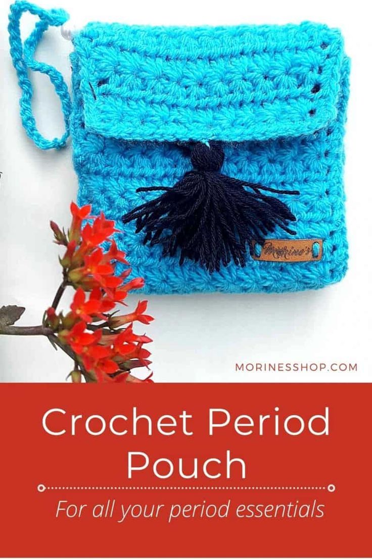 a crocheted pouch with the words crochet period pouch for all your period essentials