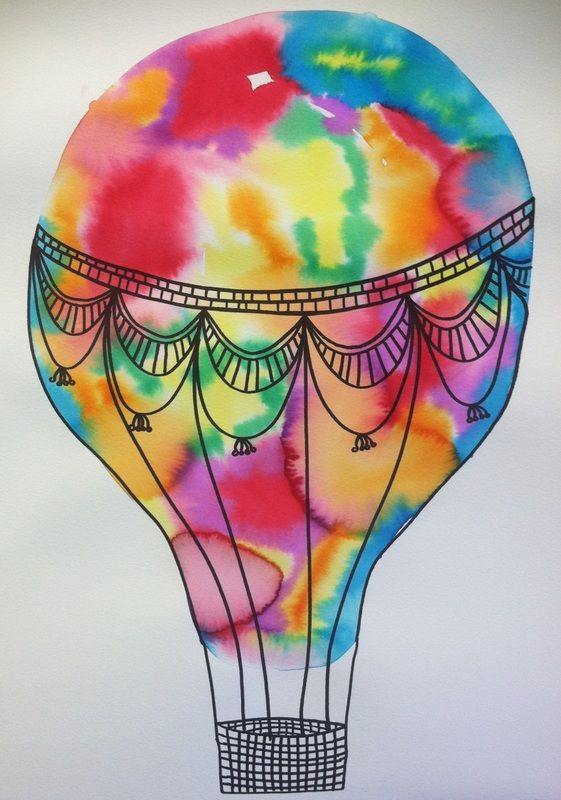 a drawing of a hot air balloon painted in tie - dyed colors on white paper