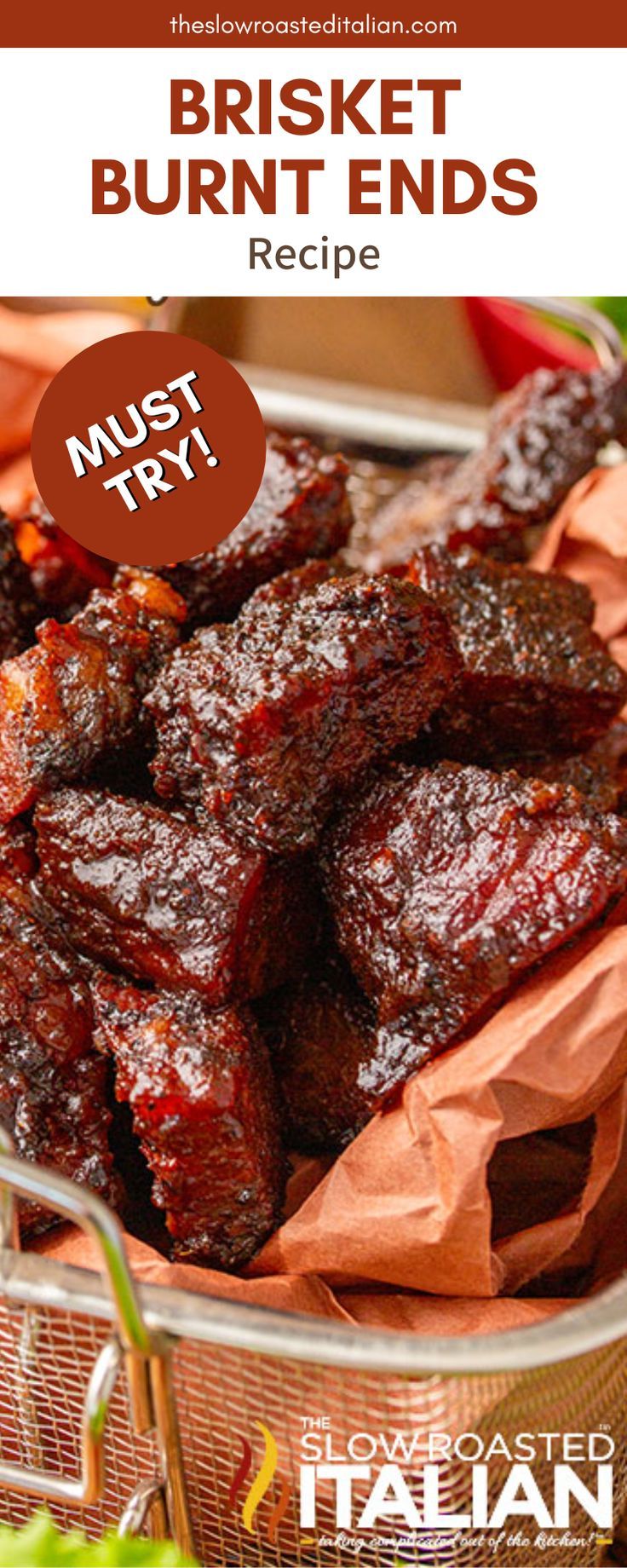 barbecue burnt ends recipe in a basket with text overlay that reads, must try