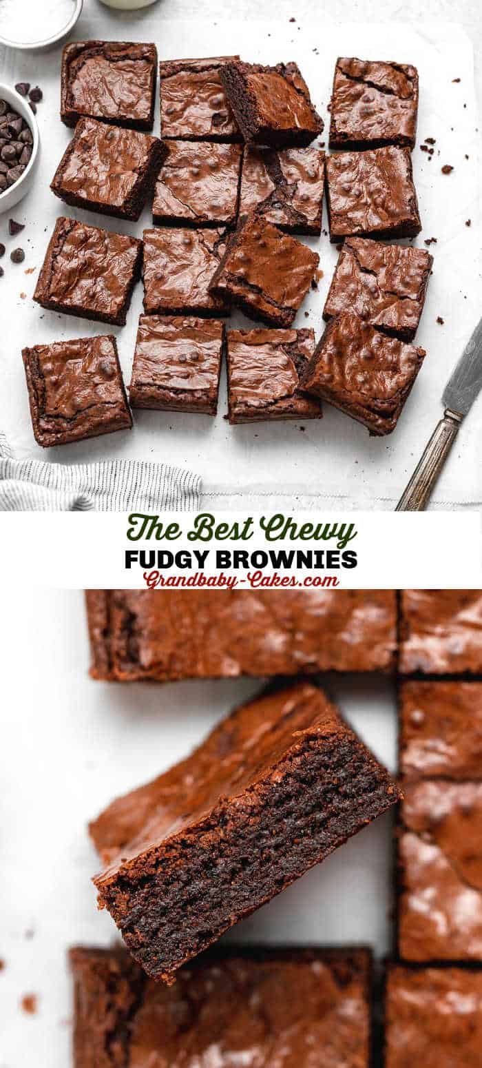 chocolate fudge brownies cut into squares and stacked on top of each other with text overlay