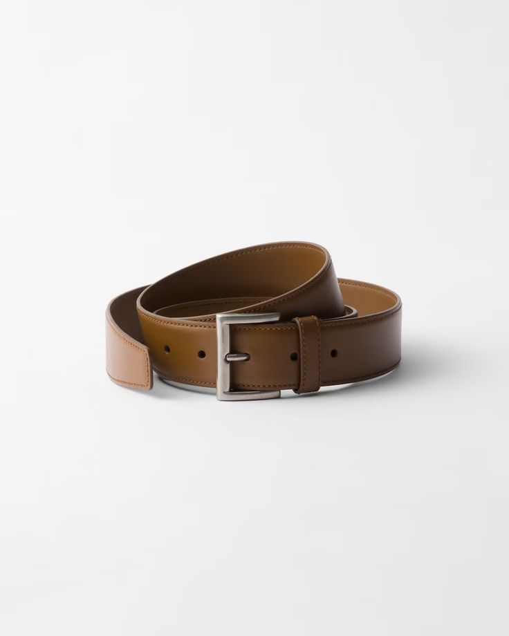 Hazelnut Leather Belt | PRADA Designer Calf Leather Belt Buckles, Designer Calf Leather Belt Buckle, Designer Belts With Buckle Closure For Business, Luxury Belts With Rectangular Buckle, Luxury Belts With Rectangular Buckle Closure, Luxury Belts With Buckle Closure For Formal Occasions, Luxury Formal Belt With Buckle Closure, Luxury Business Belts With Buckle Closure, Leather Belt With Rectangular Tang Buckle