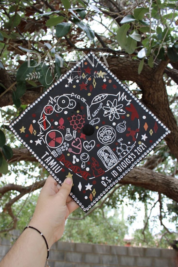 a hand holding up a graduation cap that is decorated with images and words on it