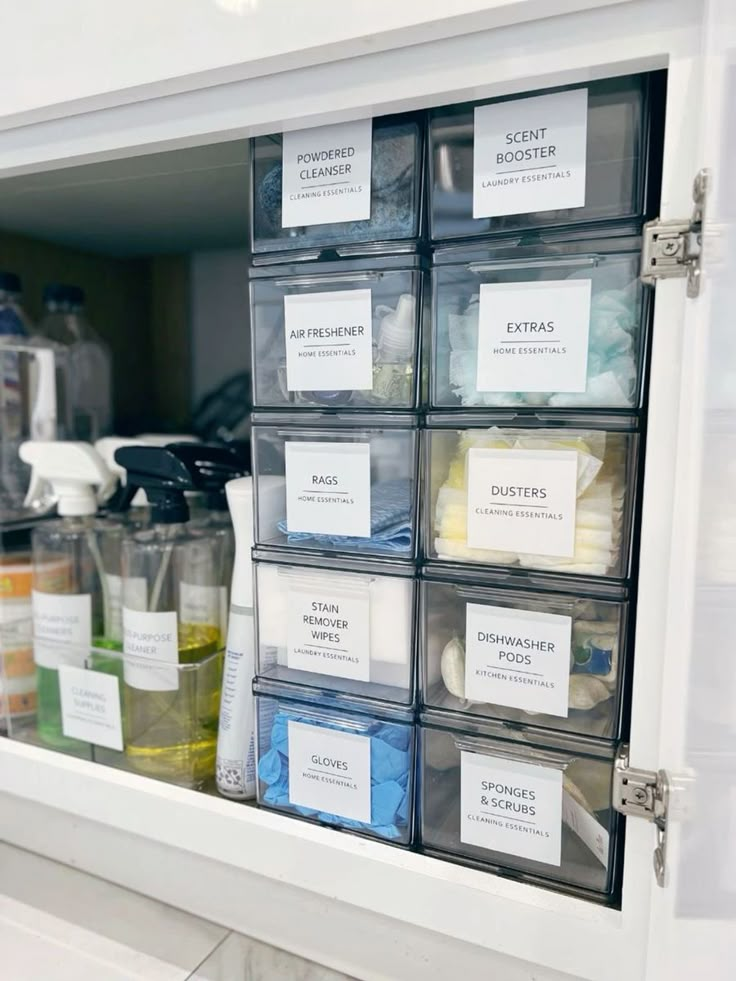 the drawers are filled with different types of soaps