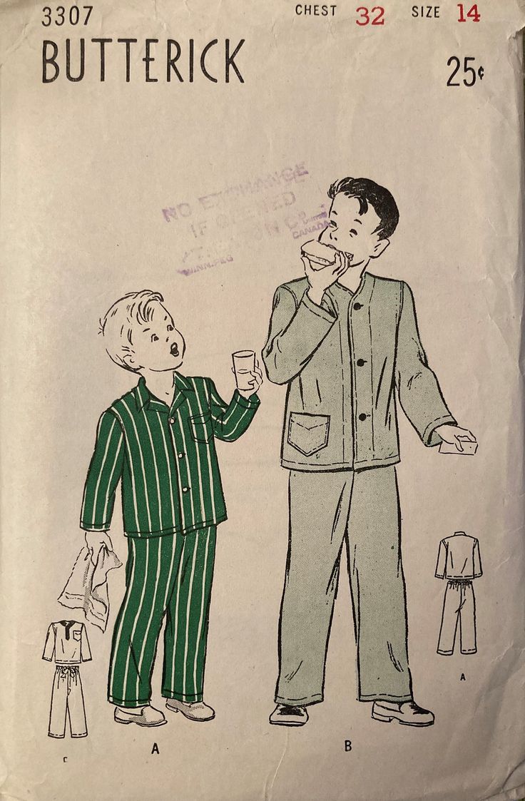 1940s classic pajamas for boys: Trimly tailored two-piece set: single-breasted coat style top can be made with or without a collar. View C- collarless middy top. Note the patch pocket. Boys size 14; chest 32" Butterick unprinted pattern #3307, 1945. Complete pattern in good condition; envelope is included and shows minimal wear and tear. U.S. BUYERS PLEASE NOTE:  this item is shipping from CANADA, so delivery time may take a little longer than usual.  Shipping rates quoted are for regular airmai Two Piece Shirt, Boys Sewing Patterns, Mac Lipstick Shades, Peter And Wendy, Boy Sewing, Classic Pajamas, Coat Style, Single Breasted Coat, Mac Lipstick