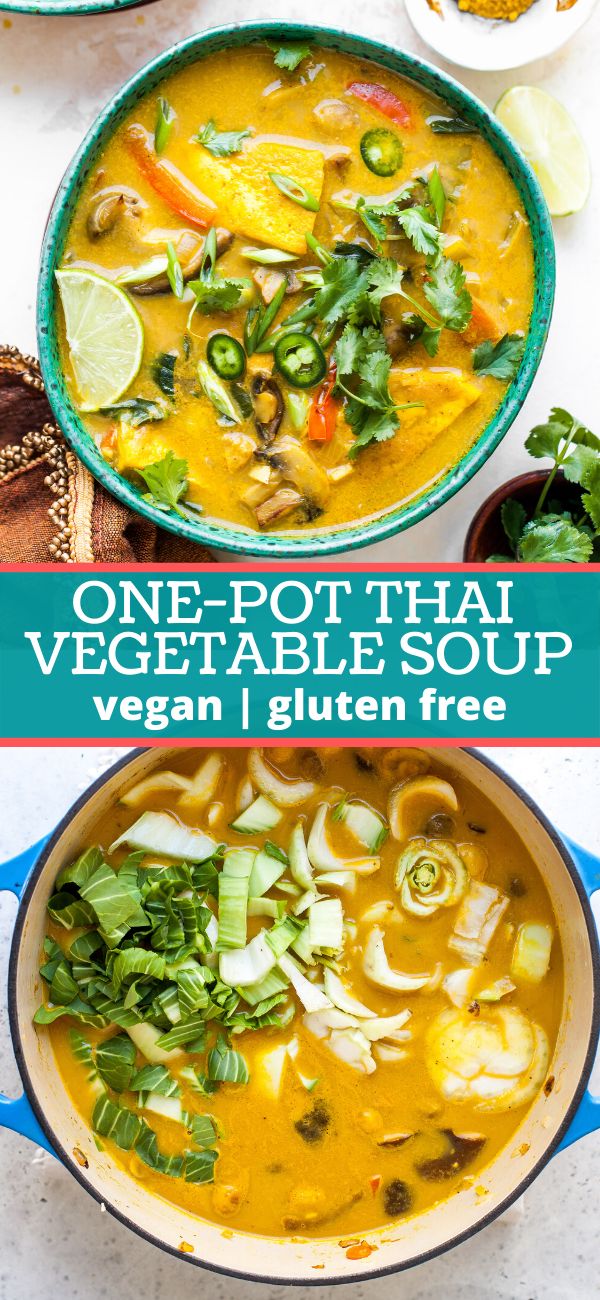 one pot thai vegetable soup is shown in three different bowls, with the title above it