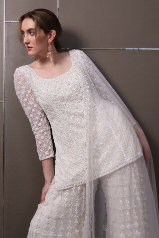 Off-white organza kurta with floral, thread and sequins hand embroidery. Comes with palazzo and a dupatta. - Aza Fashions Organza Kurta, Kurta Palazzo Set, Women Kurta, Palazzo Set, Straight Kurta, Set Women, Aza Fashion, Three Quarter, Hand Embroidered