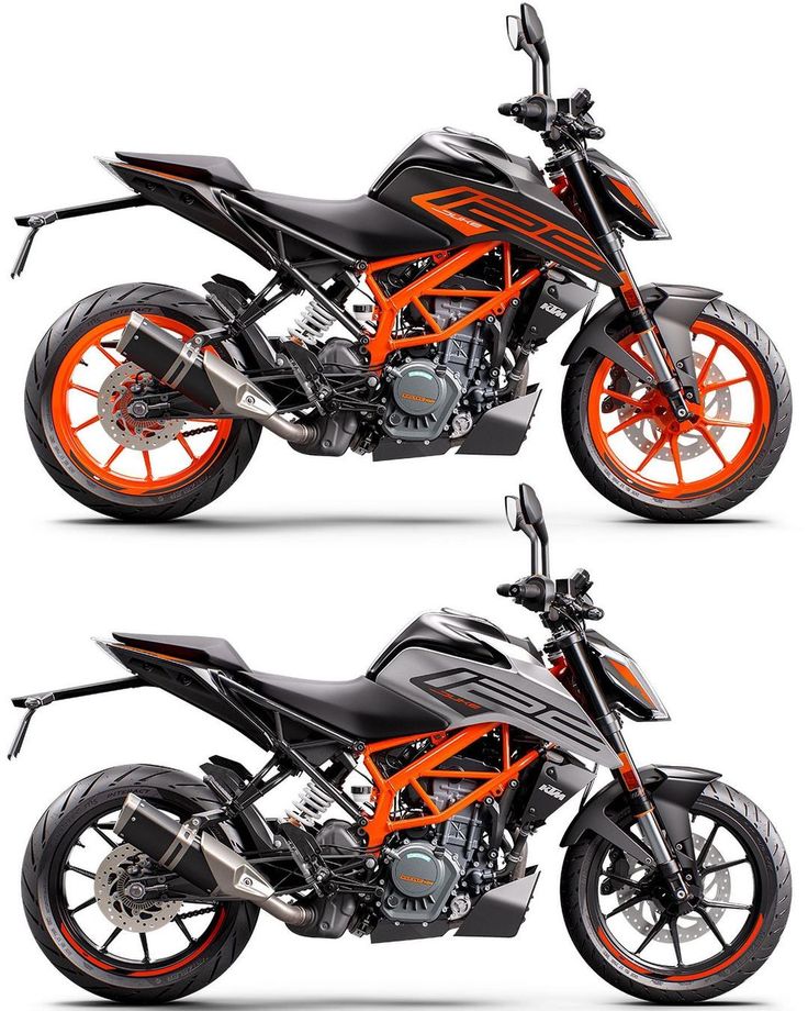 an orange and black motorcycle is shown in three different views, one showing the front wheel