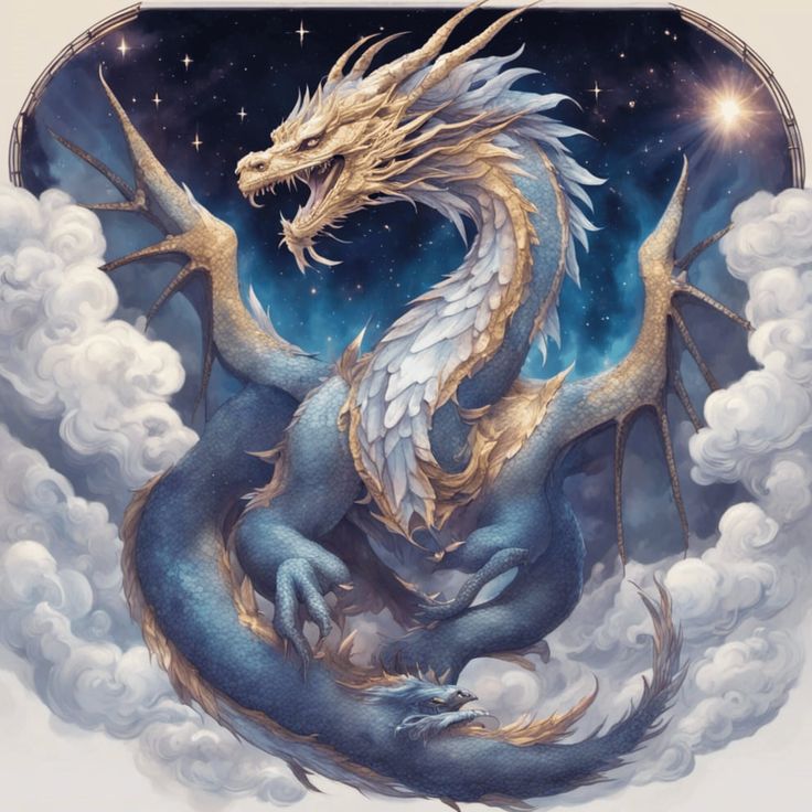 a blue and gold dragon sitting on top of clouds