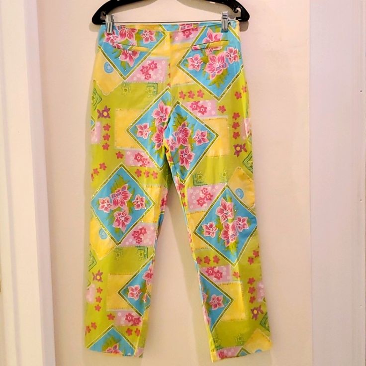 Size Xs Like New Beautiful Pant In Excellent Condition From A Smoke Free Home Yellow Floral Print Vacation Pants, Fitted Yellow Pants For Vacation, Fitted Yellow Floral Print Pants, Yellow Floral Print Cotton Pants, Yellow Floral Print Long Pants, Yellow Straight Leg Summer Pants, High Waist Yellow Pants For Vacation, Yellow Straight Leg Pants For Summer, Spring Yellow Ankle-length Pants