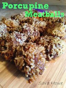 a pile of food sitting on top of a wooden cutting board with the words porcupine meatballs over it