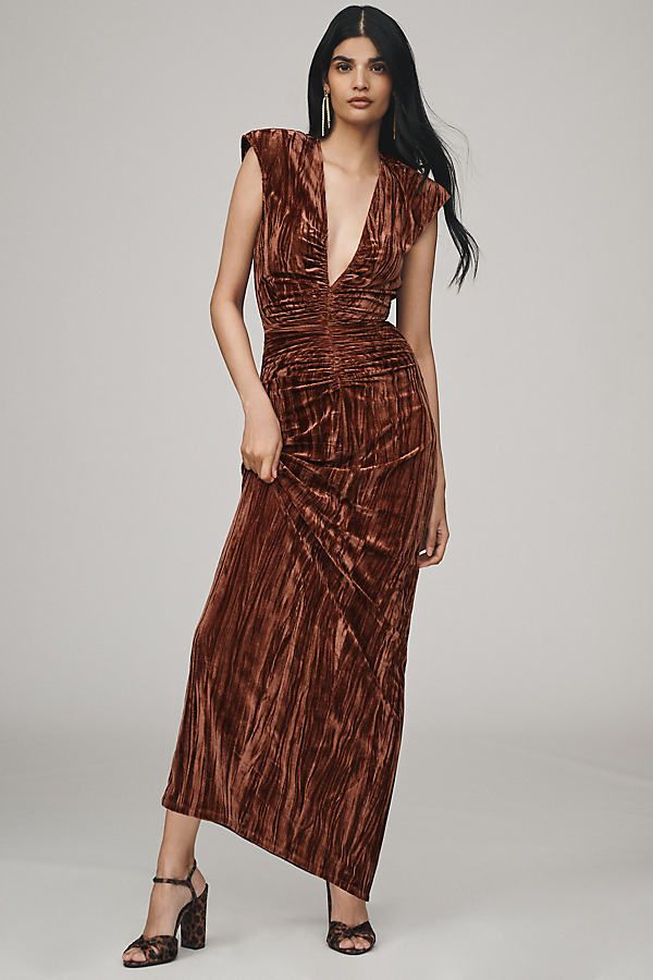 Cut from crinkle velvet, Haley stands statuesque. With its daring V-neckline and gathered detailing, the maxi dress enhances every curve with poise. | Hayley V-Neck Column Velvet Maxi Dress by Ronny Kobo in Brown, Women's, Size: Largearge, Polyester/Elastane at Anthropologie Maid Of Honour Dresses, Affordable Bridesmaid Dresses, Velvet Maxi Dress, Velvet Maxi, Ronny Kobo, Rust Dress, Rent The Runway, Women Wedding Guest Dresses, Orange Dress