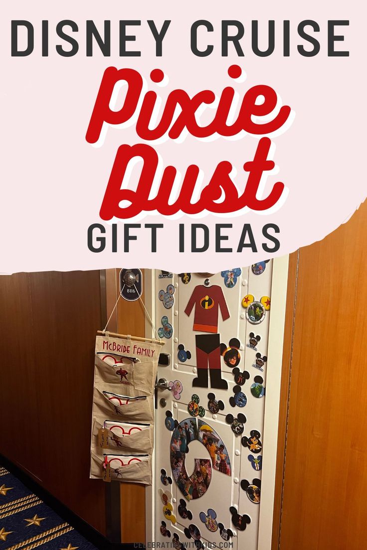 the disney cruise pixe dust gift idea is on display in front of a door