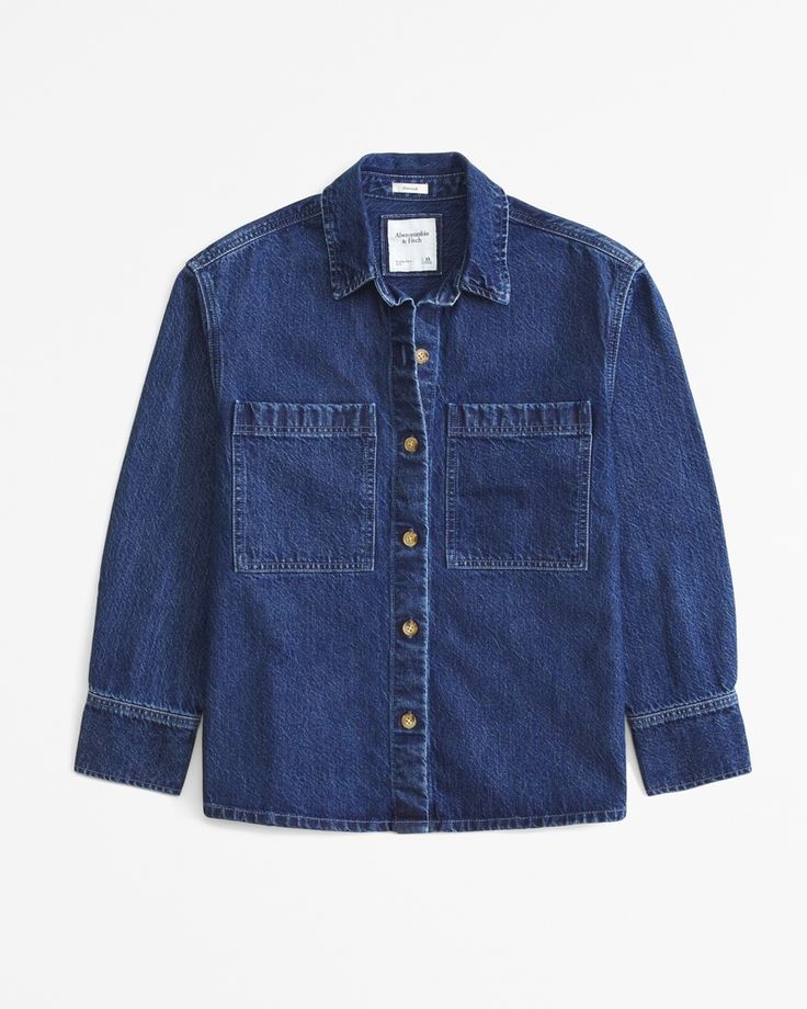 Women's Oversized Denim Shirt | Women's Tops | Abercrombie.com Dark Denim Top Outfit, Denim Top Outfit, Oversized Denim Shirt, Active Swimwear, Swimwear Suits, Womens Denim Shirt, Suits Coats, Athletic Fits, Dark Denim