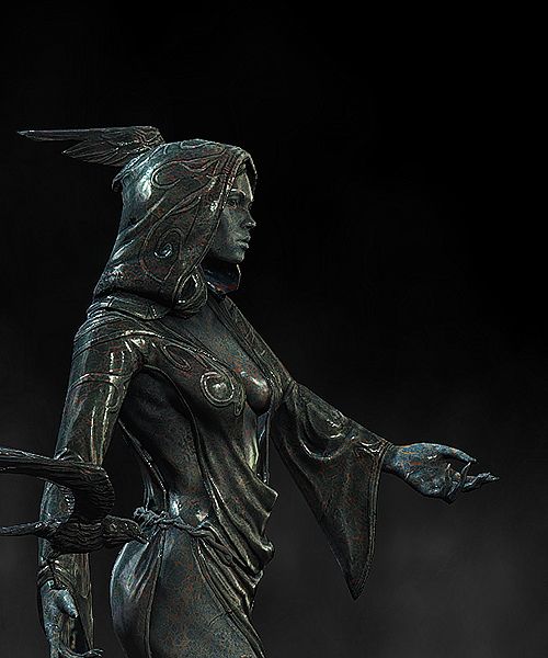 a statue of a woman with horns and wings on her head is standing in the dark