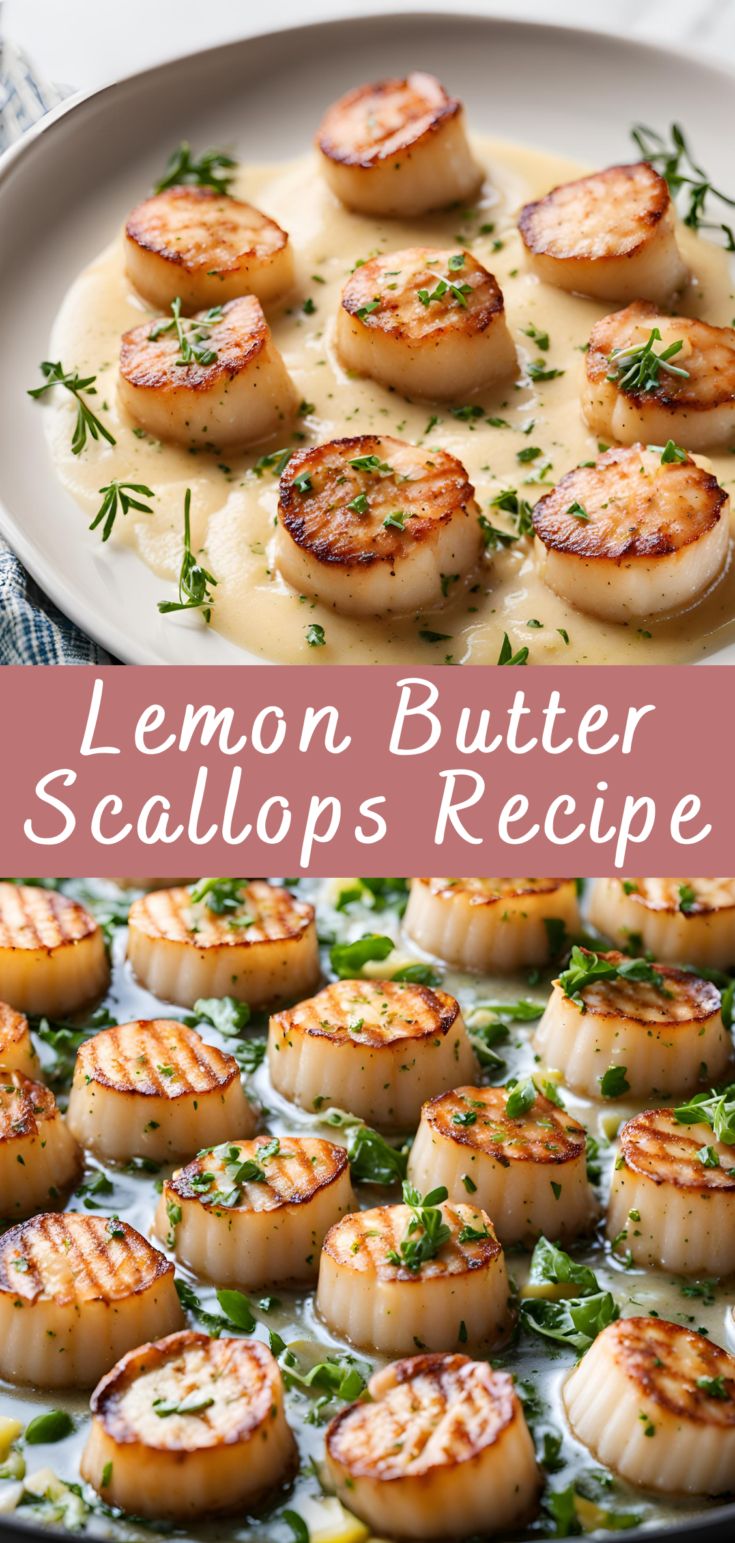 lemon butter scallops recipe on a white plate