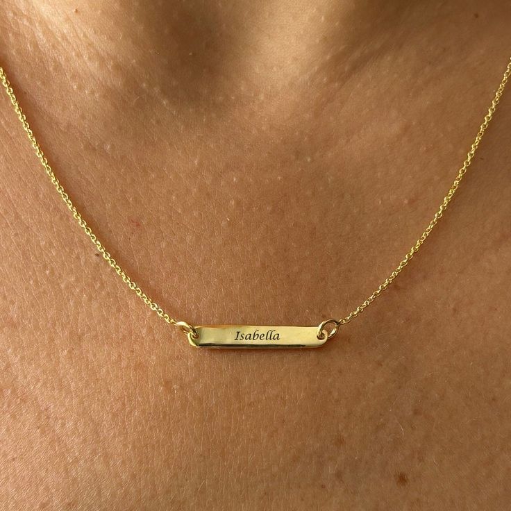 NEW SHOP DISCOUNT ON THIS NECKLACE!! 14K Gold Plated 925 Sterling Silver or 14K Solid Gold.  Customized personal necklace, unique special gift.  Excellent Engraved gift for any special day such as birthday, graduation! Please email if any questions. Personalized Gold Bar Necklace For Everyday, Everyday Personalized Gold Bar Necklace, Gold Bar Necklace With Nameplate For Everyday, Gold Bar Necklace With Custom Name, Personalized Gold Sterling Silver Bar Necklace, Minimalist Gold Bar Necklace With Name, Minimalist Gold Nameplate Bar Necklace, Gold Nameplate Bar Necklace For Mother's Day, Gold Nameplate Bar Necklace