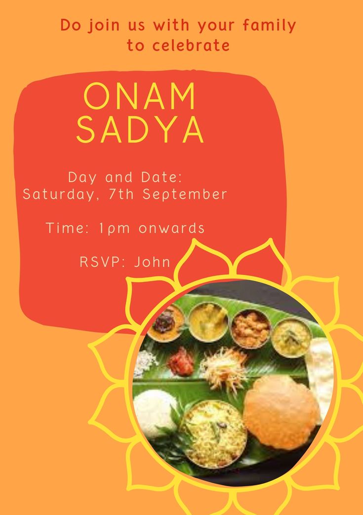 an orange and yellow poster with food on it, says'do join us with your family