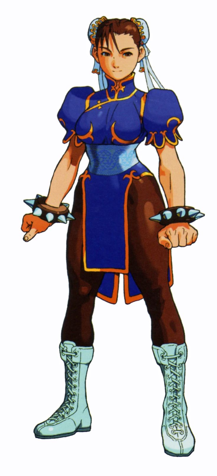 a cartoon character in blue and brown clothes with white hair, holding two swords on his chest