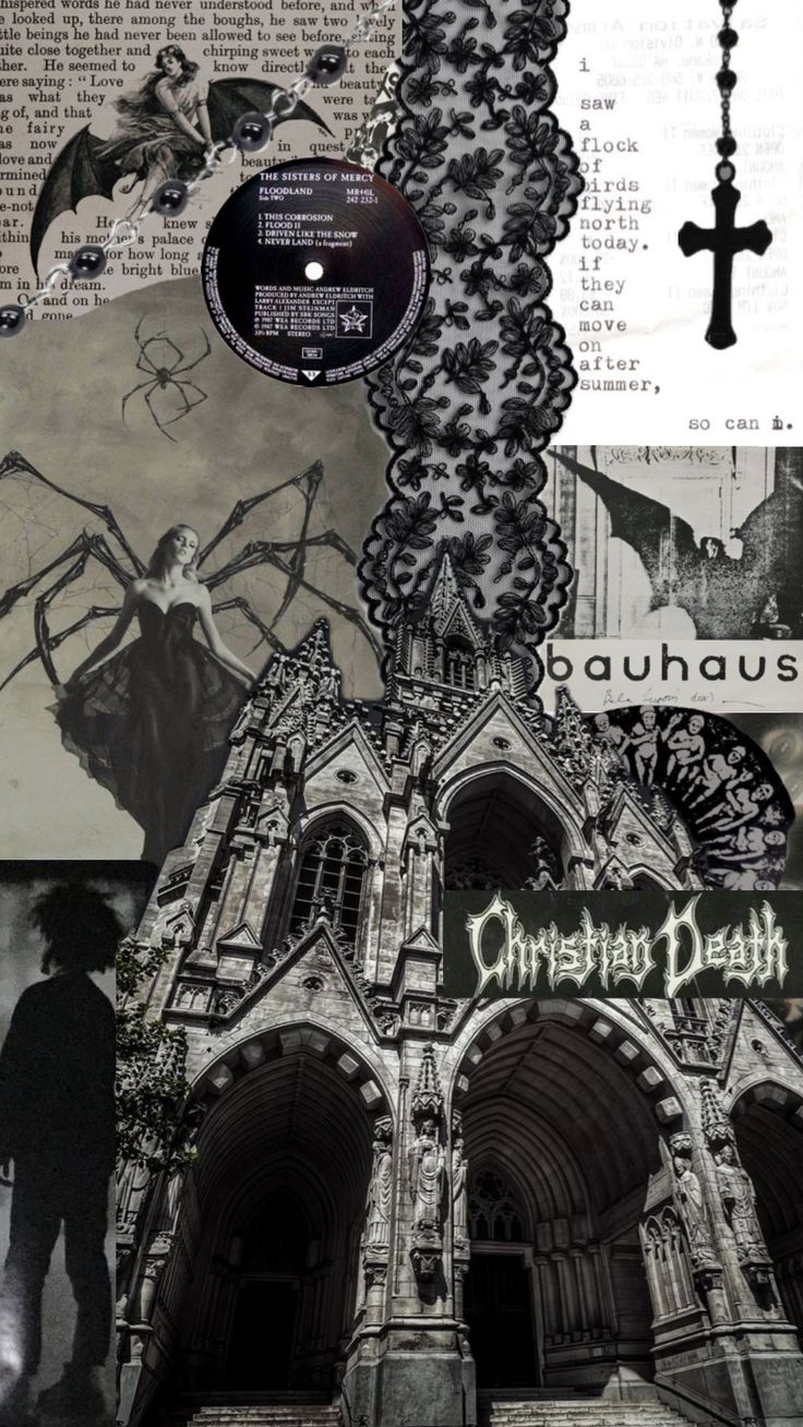 an altered photograph of a gothic church with black and white artwork on the front wall