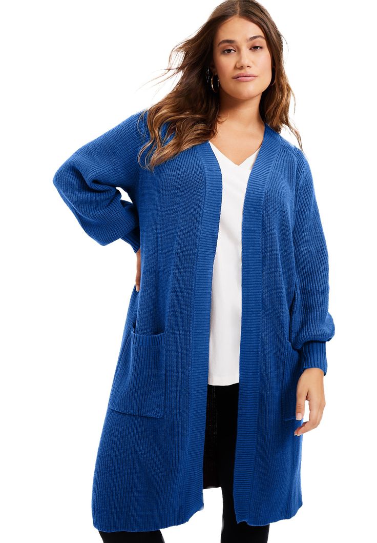 Perfect for chilly days, this long-sleeved layer has all the smarts of a classic cardigan - plus two patch pockets. Endlessly versatile, it can be paired with a tee and go-to blues for a laid-back look or with a dress for a bit of polish. Relaxed silhouette. Open front. 38" length Cotton/ acrylic Machine wash Imported  | Plus Size Women's Open-Front Cardigan by June+Vie in Dark Sapphire (Size 14/16) Lightweight Open Front Cardigan, Pointelle Sweater, Ankle Length Leggings, Dark Sapphire, Classic Cardigan, Plus Size Cardigans, Swimsuits For All, Ladies Of London, Open Front Cardigan