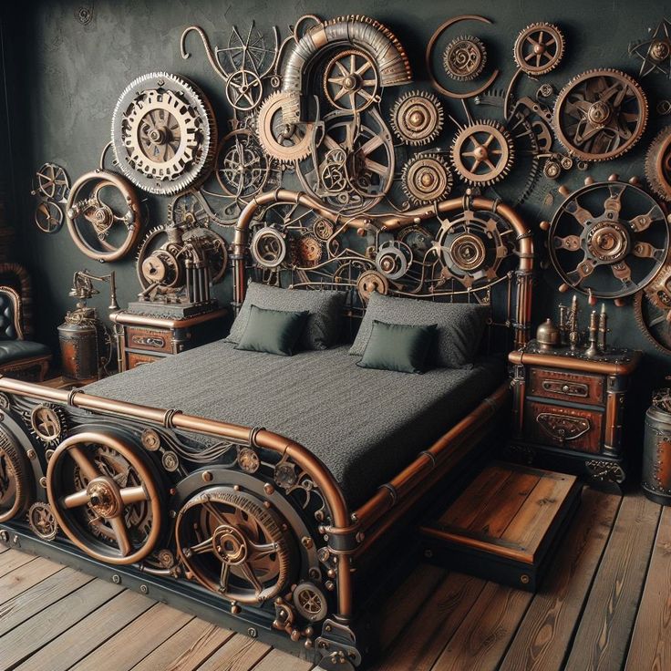 a large metal bed sitting on top of a wooden floor next to a wall covered in clocks