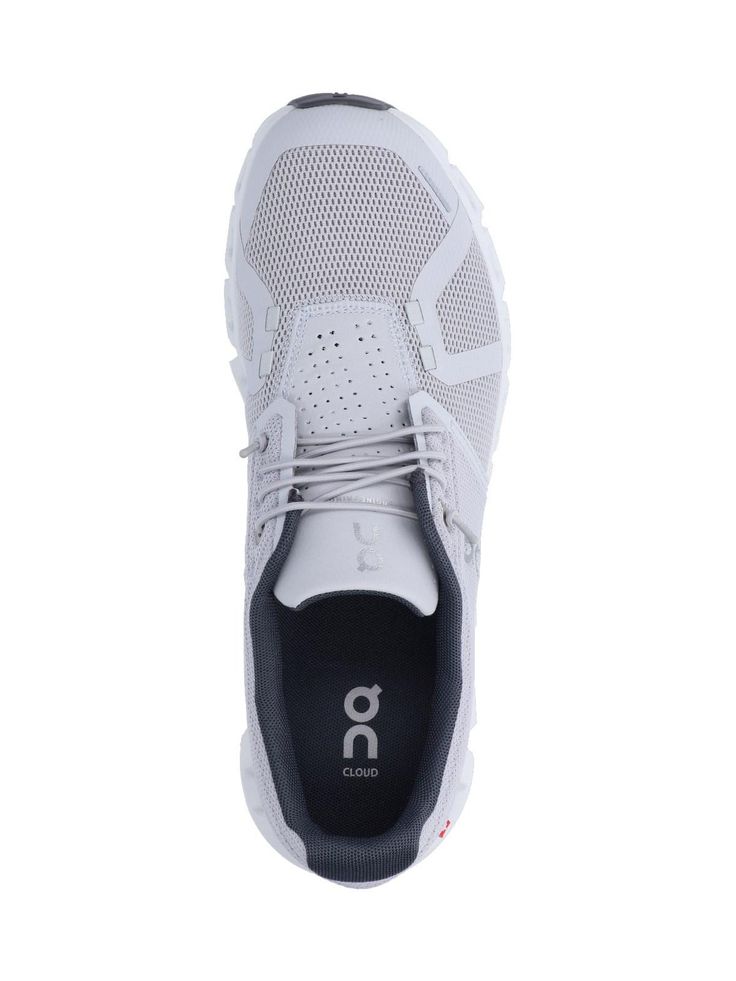 ON Cloud 5 Sneakers, grey recycled mesh, round toe, lace-up closure, printed logo tab, tone-on-tone side and back logo, white rubber sole. Sporty Gray Lace-up Running Shoes, Gray Lace-up Sneakers, Gray Running Shoes With Translucent Outsole For Jogging, Gray Sporty Sneakers With Perforations, Sporty Gray Sneakers With Perforations, Gray Custom Sneakers With Boost Midsole For Jogging, Light Sports Running Shoes With Perforated White Sole, Light Sports Running Shoes With Perforations And White Sole, Gray Low-top Custom Sneakers For Jogging