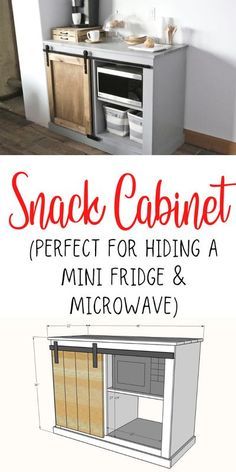 a small kitchen with the words snack cabinet perfect for hiding a mini fridge and microwave