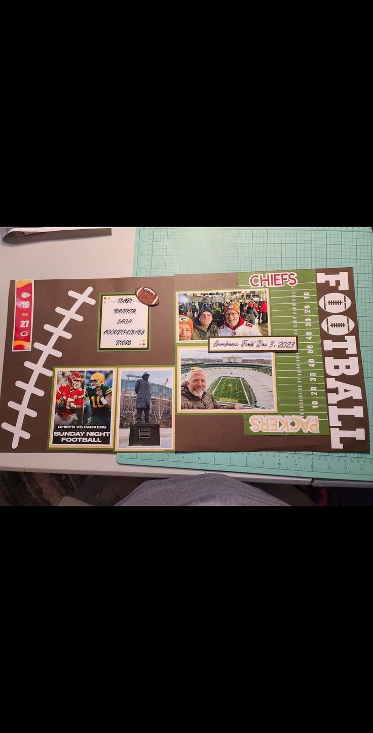 a football themed scrapbook is displayed on a table