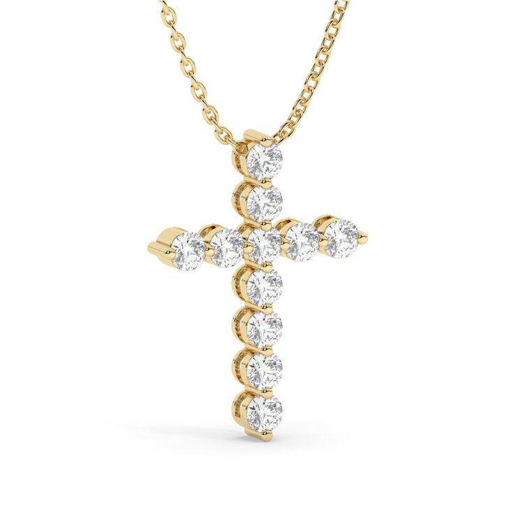 Experience the captivating allure of our exquisite 14k Gold Diamond Cross Pendant Necklace. Meticulously crafted with a seamless blend of elegance and spirituality, this breathtaking piece of fine jewelry is a true testament to exceptional craftsmanship. Alternatively, choose from our options of natural diamonds, lab-grown diamonds or dazzling moissanites at three different price points to fit your unique preferences and budget. Please check below to see specifications of each stone option. All Spiritual Diamond Round Pendant Jewelry, Spiritual 14k Gold Jewelry With Diamond Accents, Spiritual Round Diamond Jewelry, White Diamond Spiritual Jewelry, Spiritual White Diamond Jewelry, Yellow Gold Cubic Zirconia Cross Pendant, Elegant Diamond White Cross Jewelry, Yellow Gold Moissanite Jewelry Gift, Classic Yellow Gold Cross Diamond Necklace