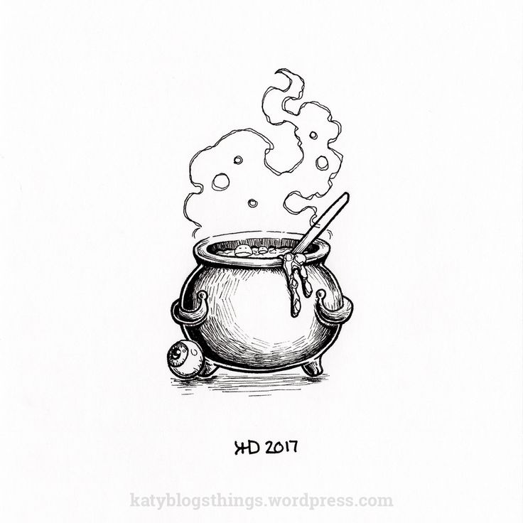 Witches Couldren Drawings, Small Cauldron Tattoo, Cute Cauldron Drawing, Halloween Cauldron Drawing, Halloween Ink Drawings, Halloween Pen Drawings, Cauldron Drawing Simple, Witches Cauldron Drawing, Magic Potion Drawing