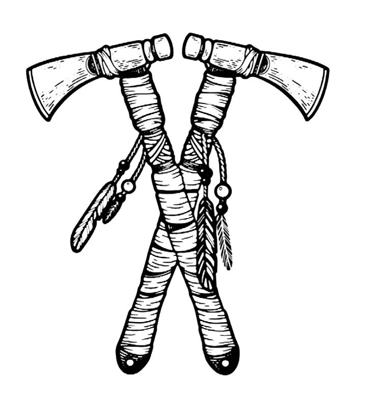 two crossed axes tied to each other with rope and beads on the ends hand drawn doodle style