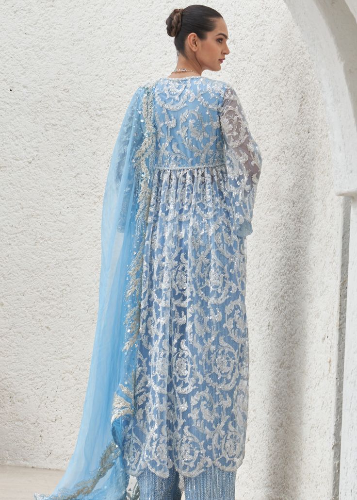 Embroidered suit set with embroidered dupatta. Organza Pants, Mahima Mahajan, Kurta Pants, Wedding Wardrobe, Blue Organza, Blue Kurta, Embroidered Suit, Nyc Studio, Vacuum Storage