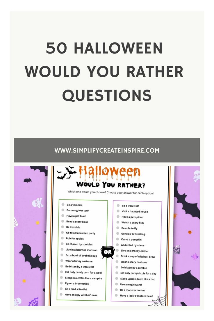 halloween riddles with the text 50 halloween would you rather question questions?