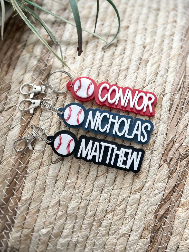 Our baseball acrylic keychains are the perfect personalized touch for your keys, gear bag, kid's backpack, luggage and more! Each keychain is made of two layers of 1/8" acrylic. The name and base are cut from your color of choice. This keychain will fit ONE name only. Keychains will vary in size depending on name length. Average sizing is 3.25 inches long x 1-1.5 inch tall. CANADIAN SHIPPING In an effort to keep costs as low as possible for our customers, we send orders using untracked standard Customized Black Keychains For Gifts, Customized Black Keychain For Gift, Customized Black Keychains For Personal Use, Custom Name White Keychains For Everyday Use, Personalized White Keychain For School, Customizable Blue Keychains For Personal Use, Customizable Blue Keychains, Custom Name White Keychain, Customizable Black Keychains For Personalized Gifts