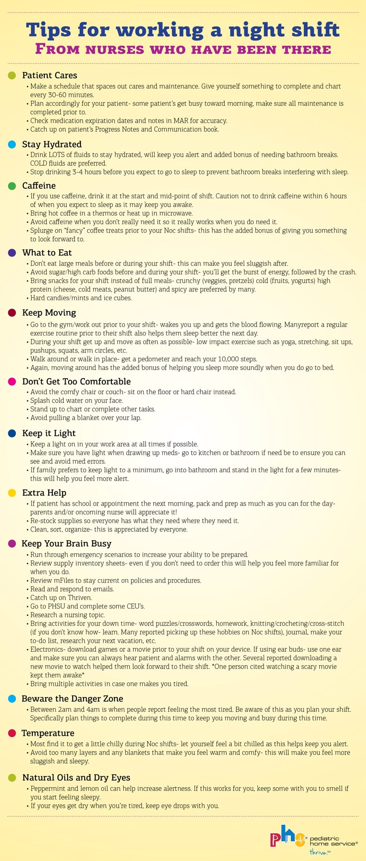 a yellow poster with the words tips for working a night shift