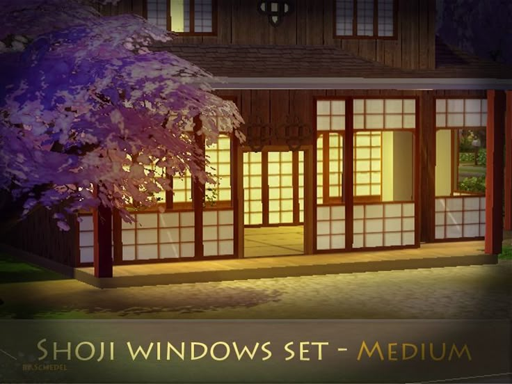 an animated image of a japanese house at night with the words shoi windows set - medium