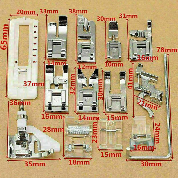 sewing machine parts are shown with measurements