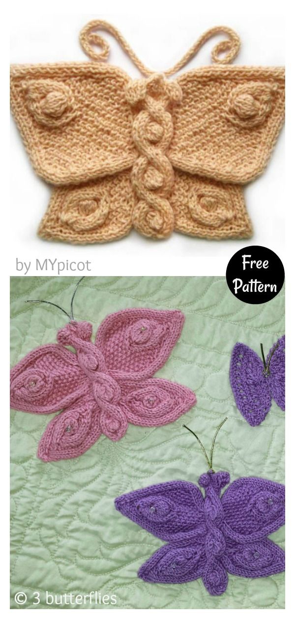 crocheted butterflies are shown in two different colors