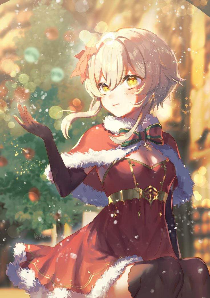 an anime character dressed as santa clause holding her hand out in front of the camera