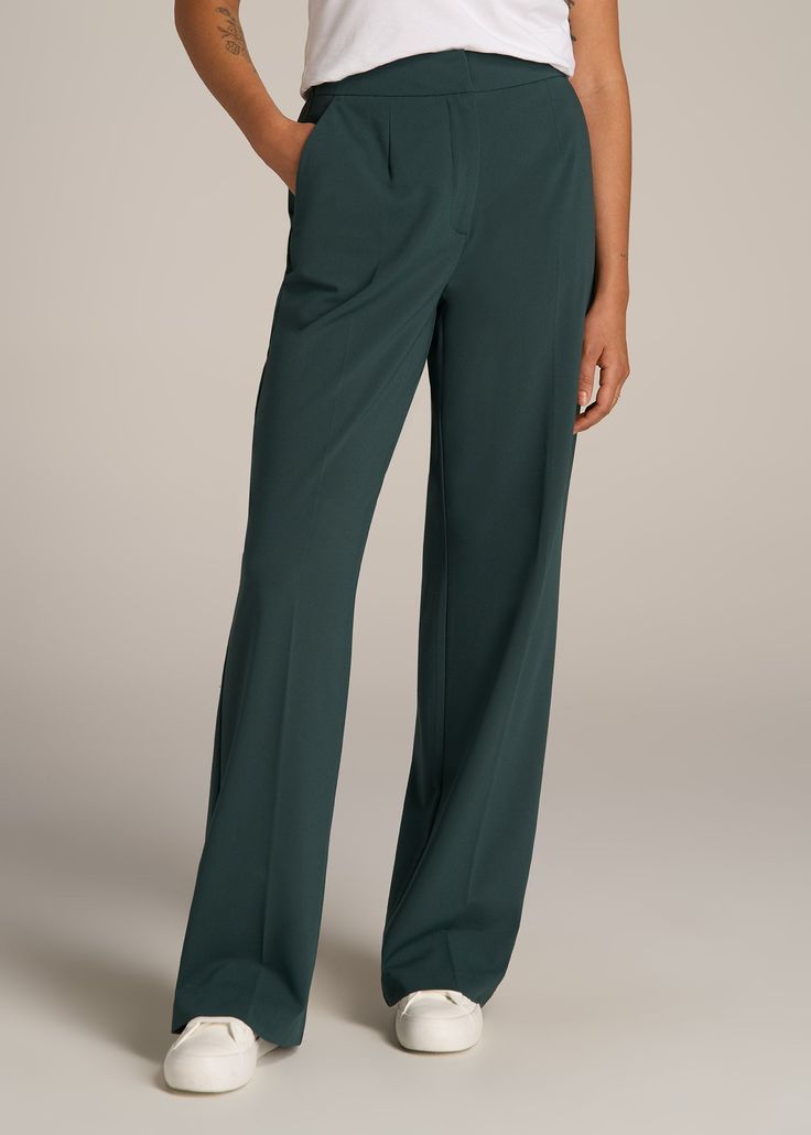 American-Tall-Women-Flat-front-wide-Leg-Dress-Pants-Smoky-Pine-front Tailored Solid Color Wide Leg Full Length Pants, Tailored Full Length Solid Wide Leg Pants, Tailored Full Length Wide Leg Pants, Relaxed Fit Dress Pants For Business Casual, Relaxed Fit Full Length Dress Pants For Business Casual, Versatile Tailored Full-length Dress Pants, Relaxed Fit Elastane Wide Leg Pants For Work, Solid Color Wide Leg Pants For Formal Occasions, Relaxed Fit Wide Leg Formal Pants