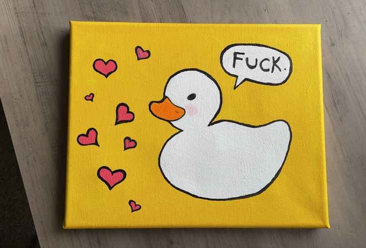 a painting of a duck with hearts on it's face and the words fock written in a speech bubble