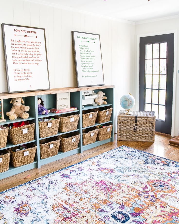 a living room filled with furniture and baskets