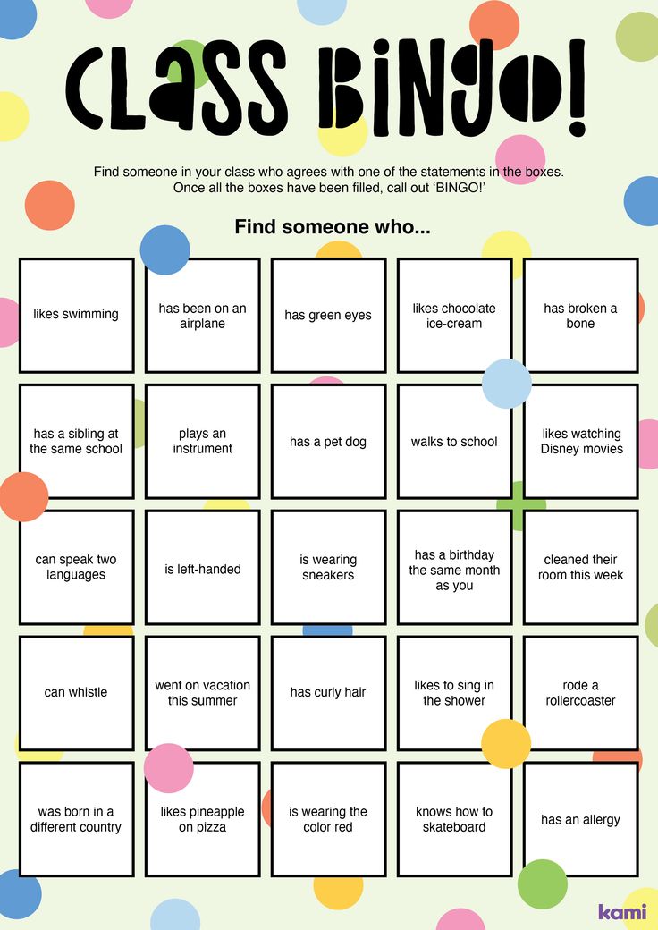 a printable class bingo game with polka dot dots on the background and text that reads,