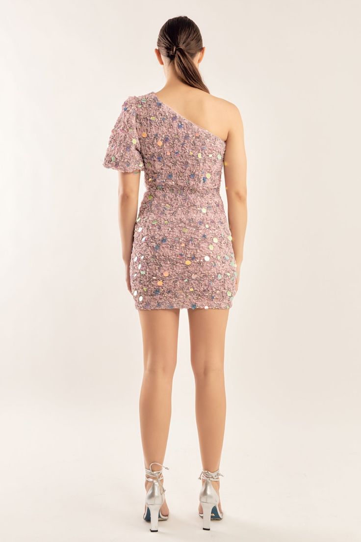 This one-shoulder mini dress is created with stretchy fabric and high-quality, multi-sized sequins. The piece is lined for comfort and has a gel gripper along the neckline to keep the dress in place. One-shoulder style Mini length Puffy sleeve Stretchy fabric featuring multi-sized sequins Side zipper with hook-and-eye closure Shoulder padding Silicone gel gripper along neckline to help garment stay in place Lined Hand wash cold Do not bleach Do not tumble dry Do not iron Shell: 100% Polyester Li Glamorous Fitted One Shoulder Dress With Sequins, Sequin One Shoulder Mini Dress For Night Out, One Shoulder Mini Dress With Sequins For Night Out, Sequin One-shoulder Mini Dress For Night Out, One Shoulder Fitted Sequin Dress, Fitted One Shoulder Sequin Dress, Fitted One-shoulder Sequin Dress, Off-shoulder Sequined Mini Dress For Party Season, Fitted One Shoulder Sequin Dress For Party Season