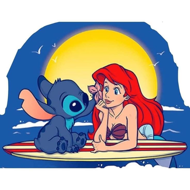 the little mermaid is sitting on her surfboard with an adorable cartoon character next to her