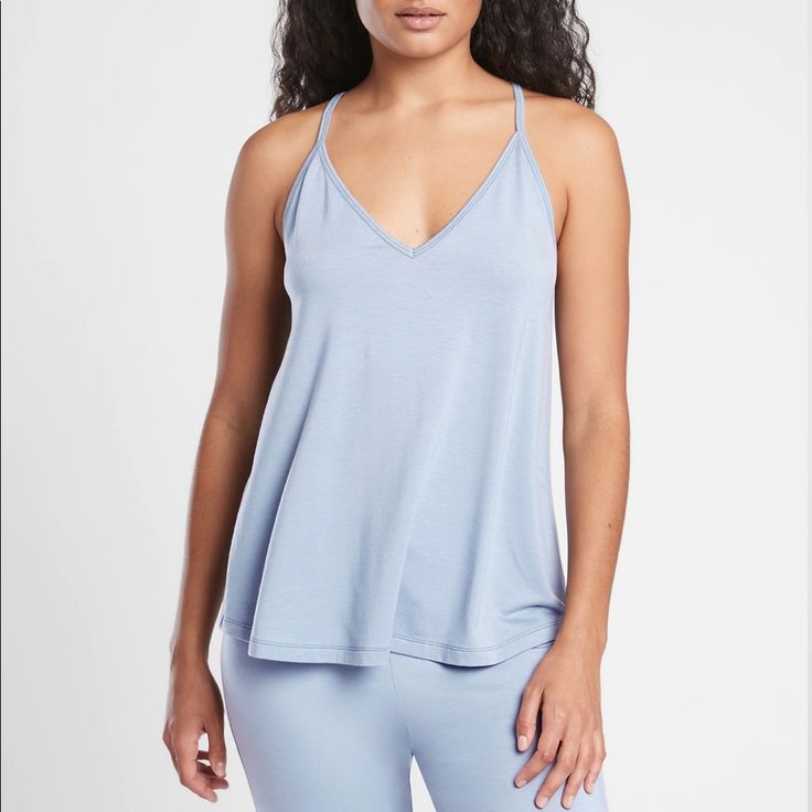 Buttery-Soft, Lightweight Fabric That Drapes Like A Dream. Soft Tank Top / Camisole For Lounging Or Great Night Sleep. Relaxed Fit With Room To Move. Color: Blue Fabric: Tencel Modal/Spandex Jersey Athleisure Tops With Built-in Bra For Relaxation, Stretch V-neck Sleep Top, Tank Activewear With Built-in Bra For Loungewear, Casual Tops With Built-in Bra For Lounging, Casual Tops With Built-in Bra For Loungewear, V-neck Tops With Built-in Bra For Loungewear, Cotton V-neck Top For Bedtime, Casual V-neck Bedtime Tops, Blue Cami Tank Top For Loungewear