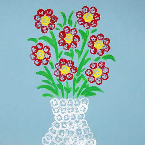 a drawing of flowers in a vase on a blue background with white crochet doily