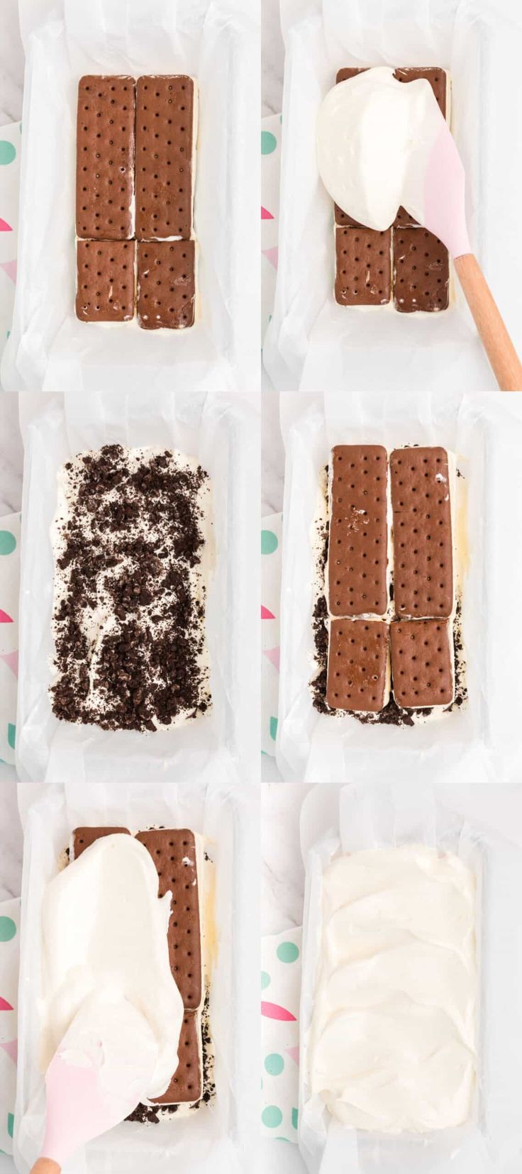 six ice cream squares with chocolate and marshmallows on them