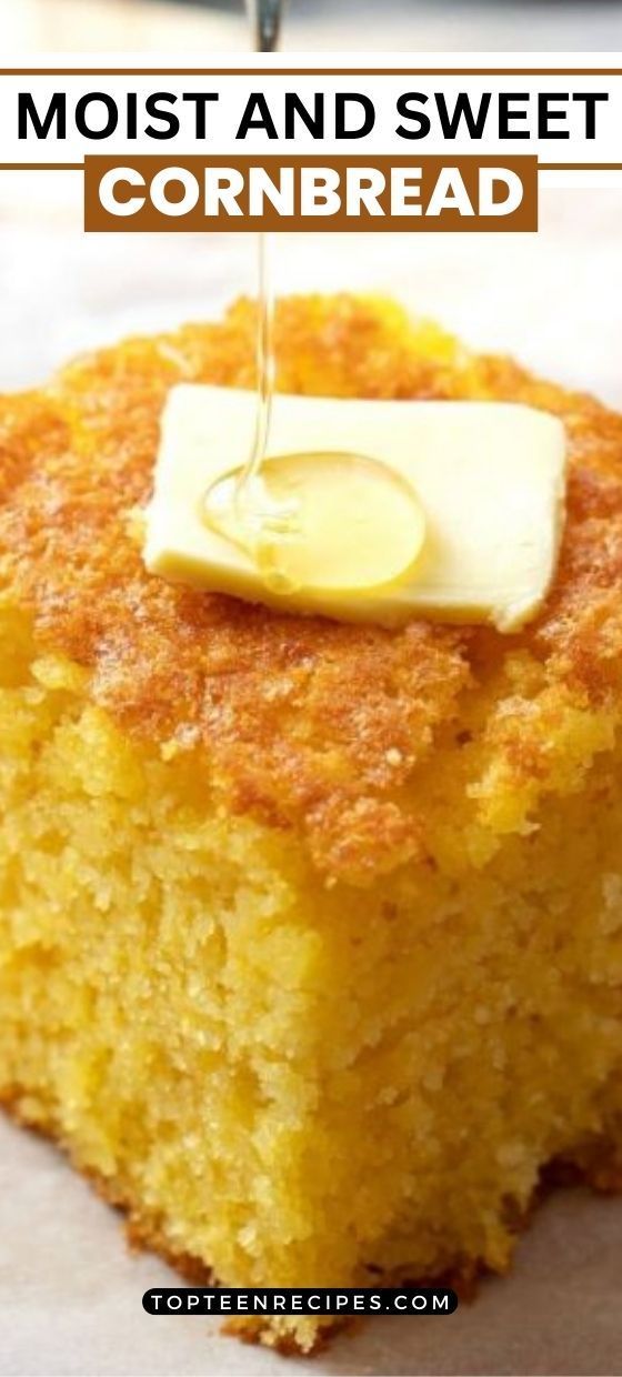 a piece of cornbread is being drizzled with butter on top and the words, most and sweet cornbread