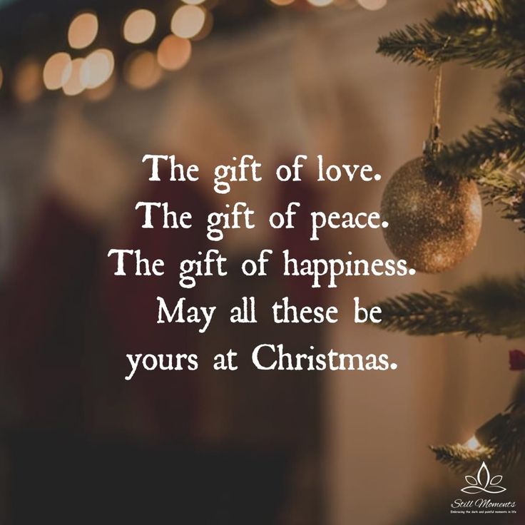 a christmas tree with ornaments hanging from it's branches and the words, the gift of love